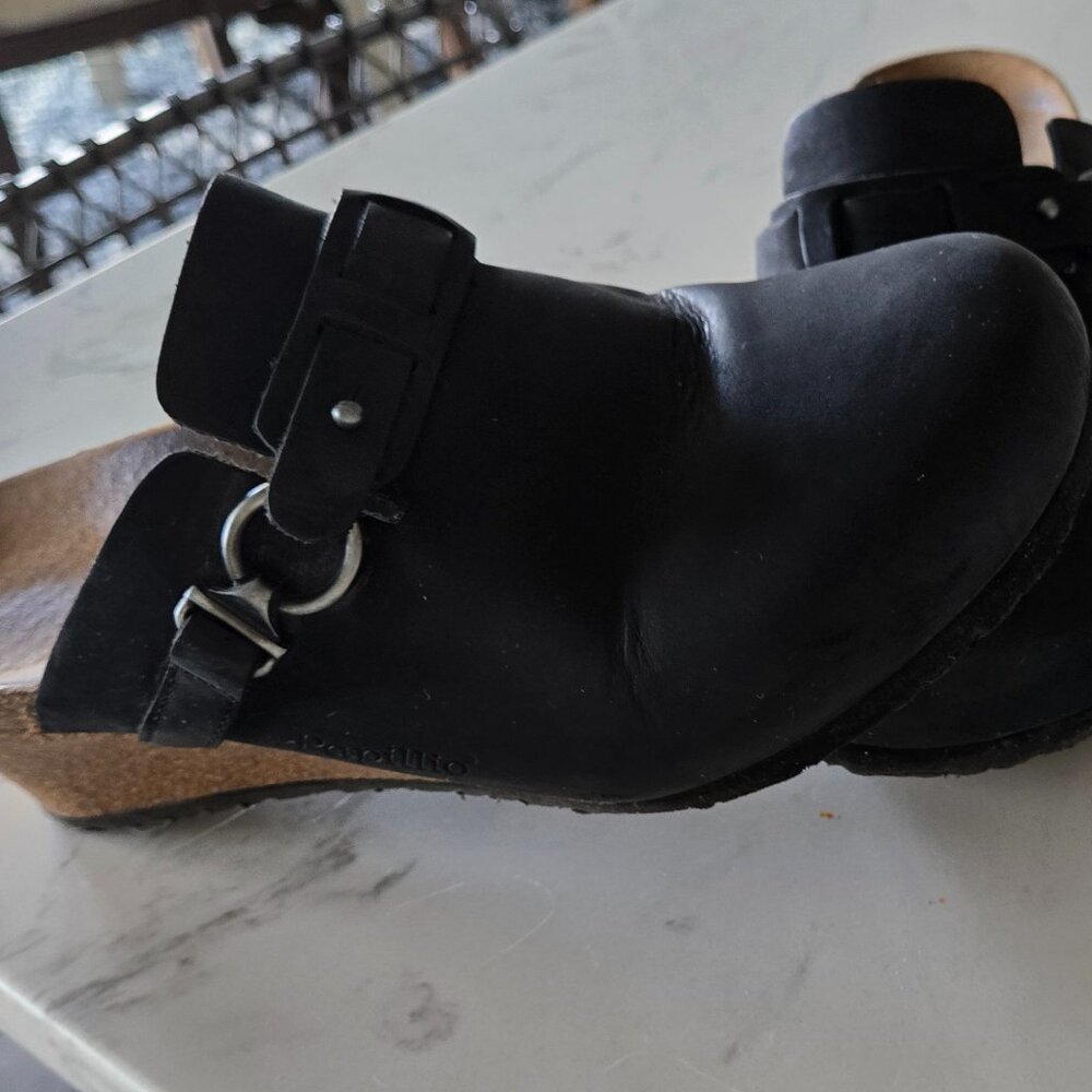 Papillio Black Leather Clog Mules with Buckle Detail